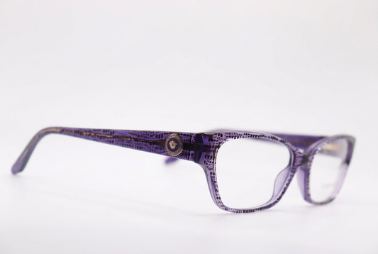 Purple patterned Versace eyeglasses, front angle on white background