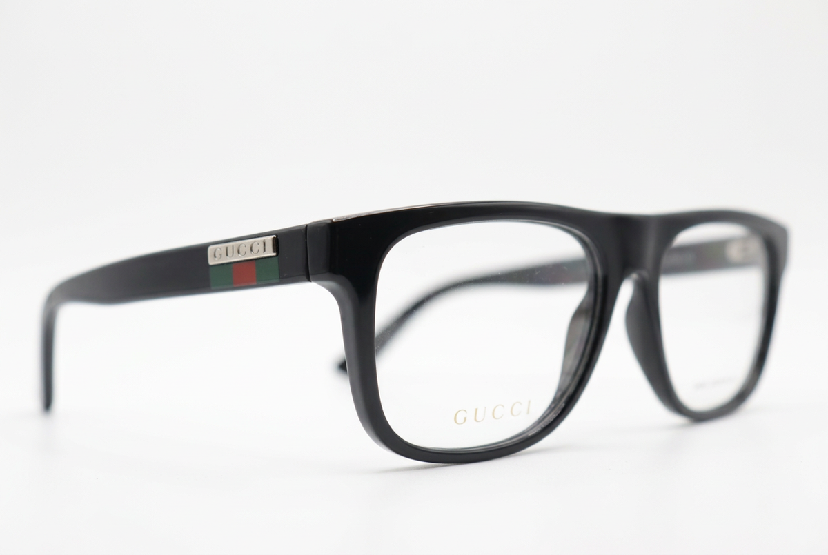 Black Gucci eyeglasses front angle on a white background