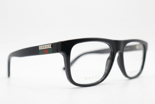 Black Gucci eyeglasses front angle on a white background