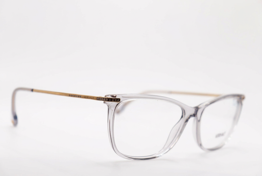 Clear eyeglasses with slim metal temples, front angle on a white background